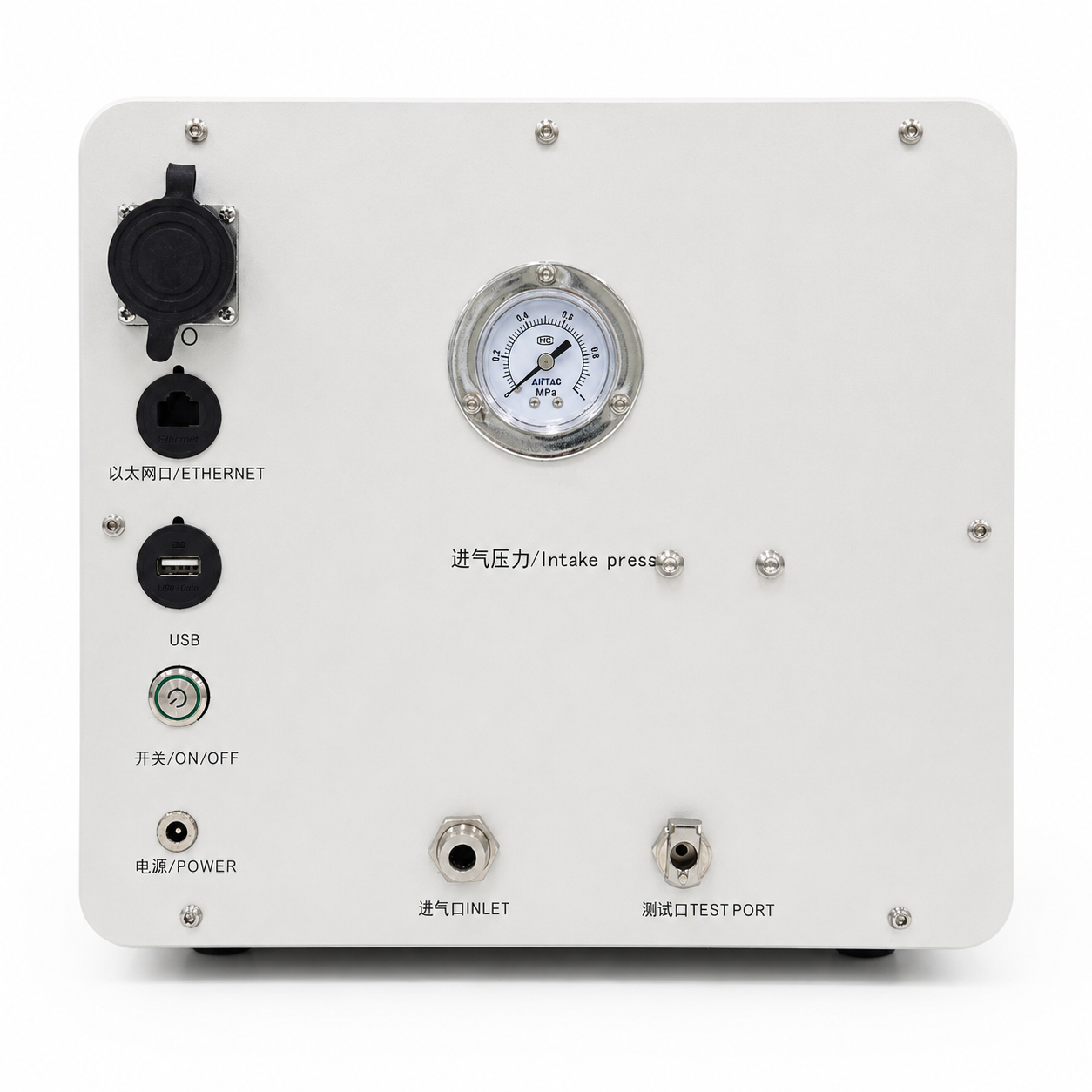LG Series rear panel — Ethernet, USB, intake pressure gauge, test port