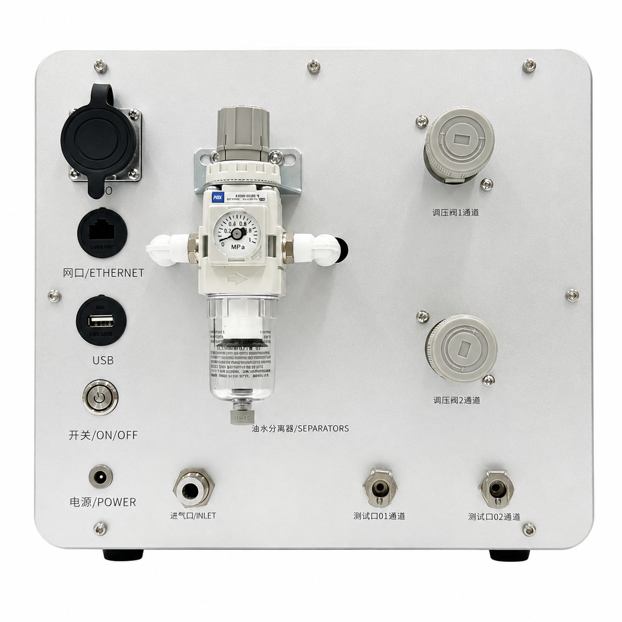 LM Series multi-channel rear panel — 4 independent test channel ports, Ethernet, USB