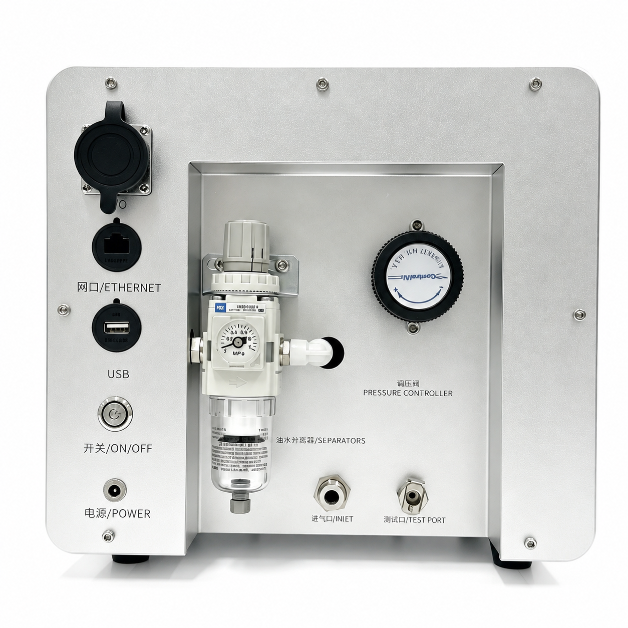 LD Series rear panel — pressure controller, air separator, Ethernet, USB connections