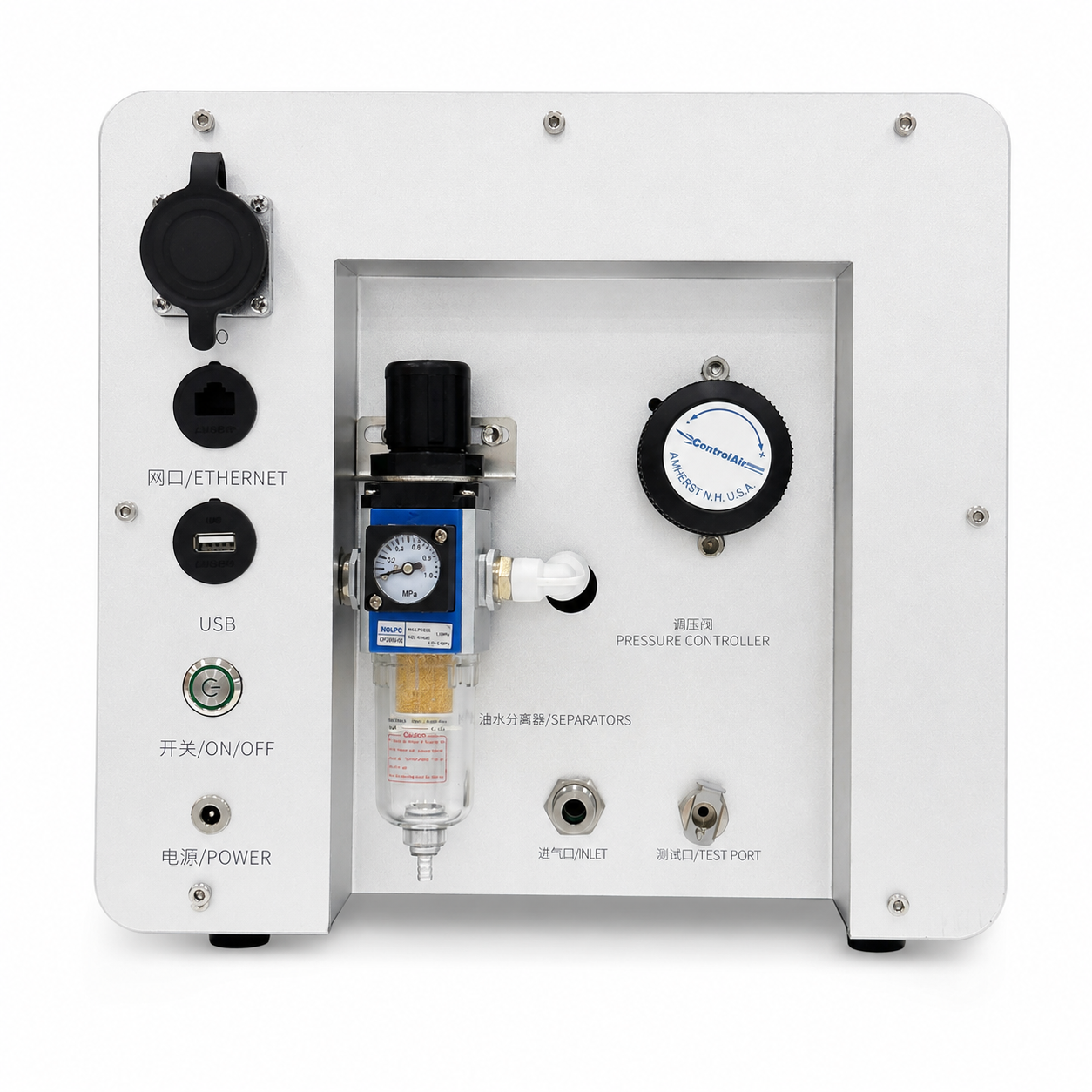 LF Series rear panel — Ethernet, USB, air inlet, LF test port connections